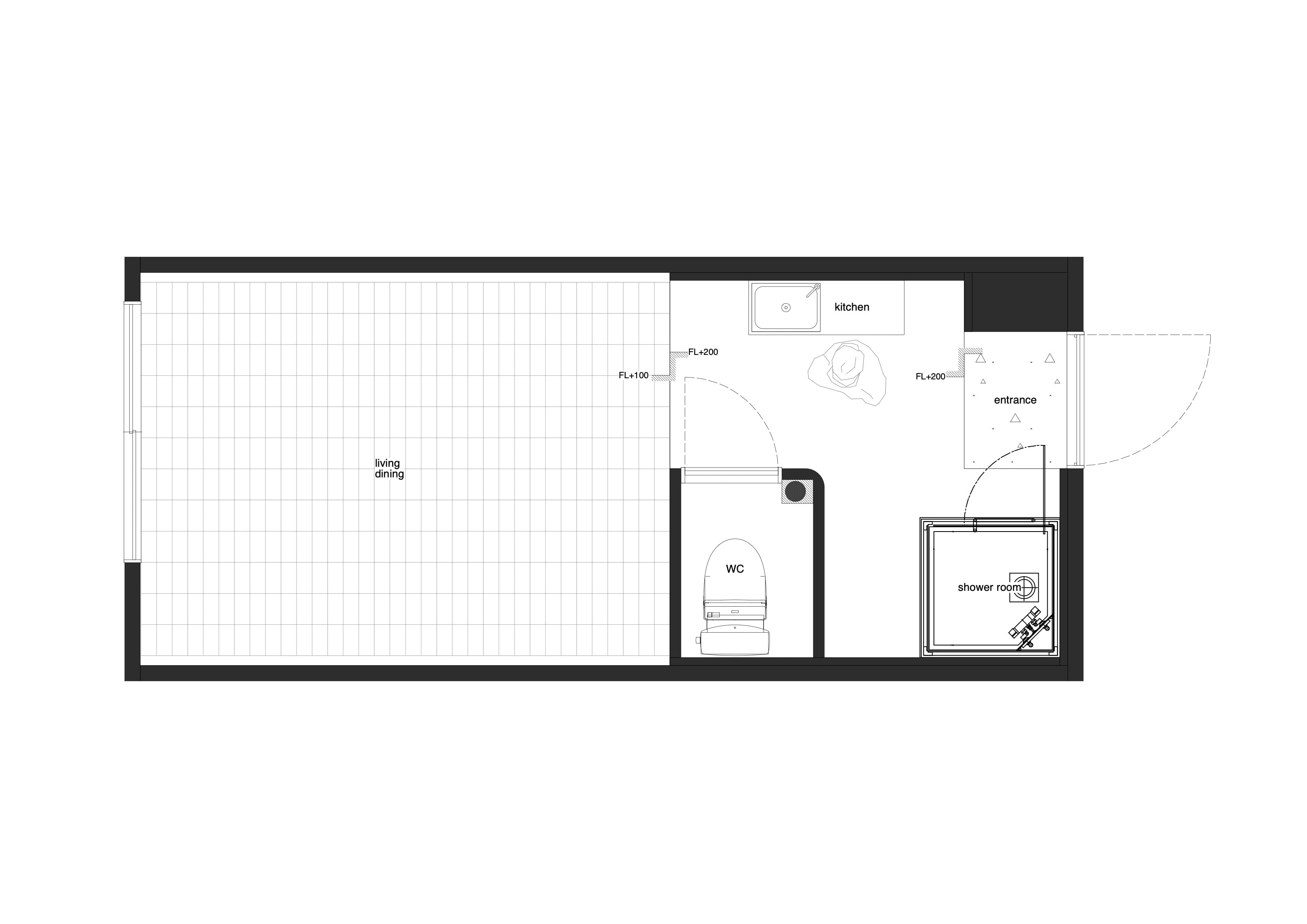名古屋市西区1Rマンションの間取り図|THE PANELの壁とTHE GLASS床を採用したモデルルームのレイアウト・動線計画(DEIL)