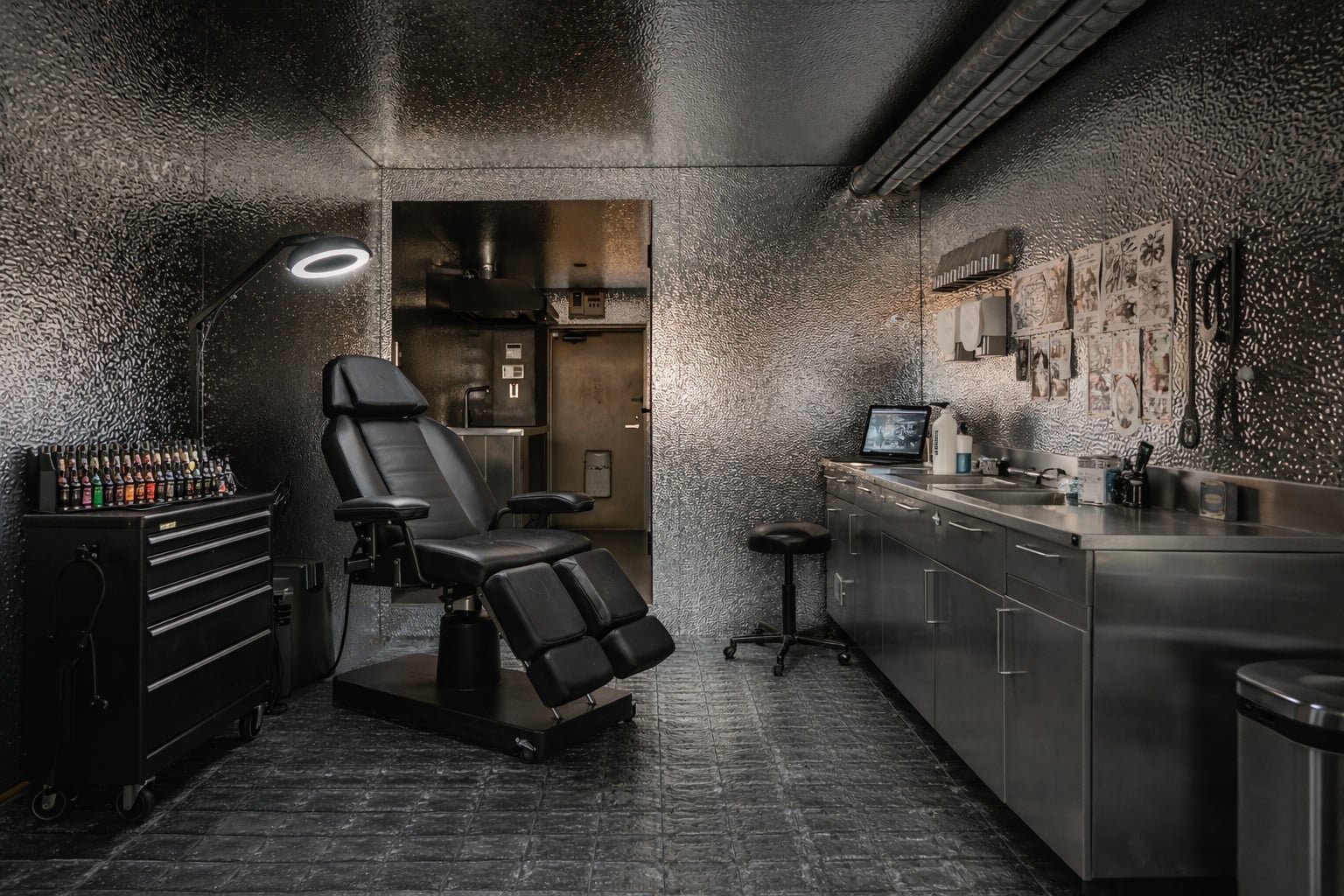 名古屋市西区の1RマンションをリノベーションしたDEILのモデルルーム。THE PANELの壁とTHE GLASSの床を活かしたタトゥースタジオ使用例