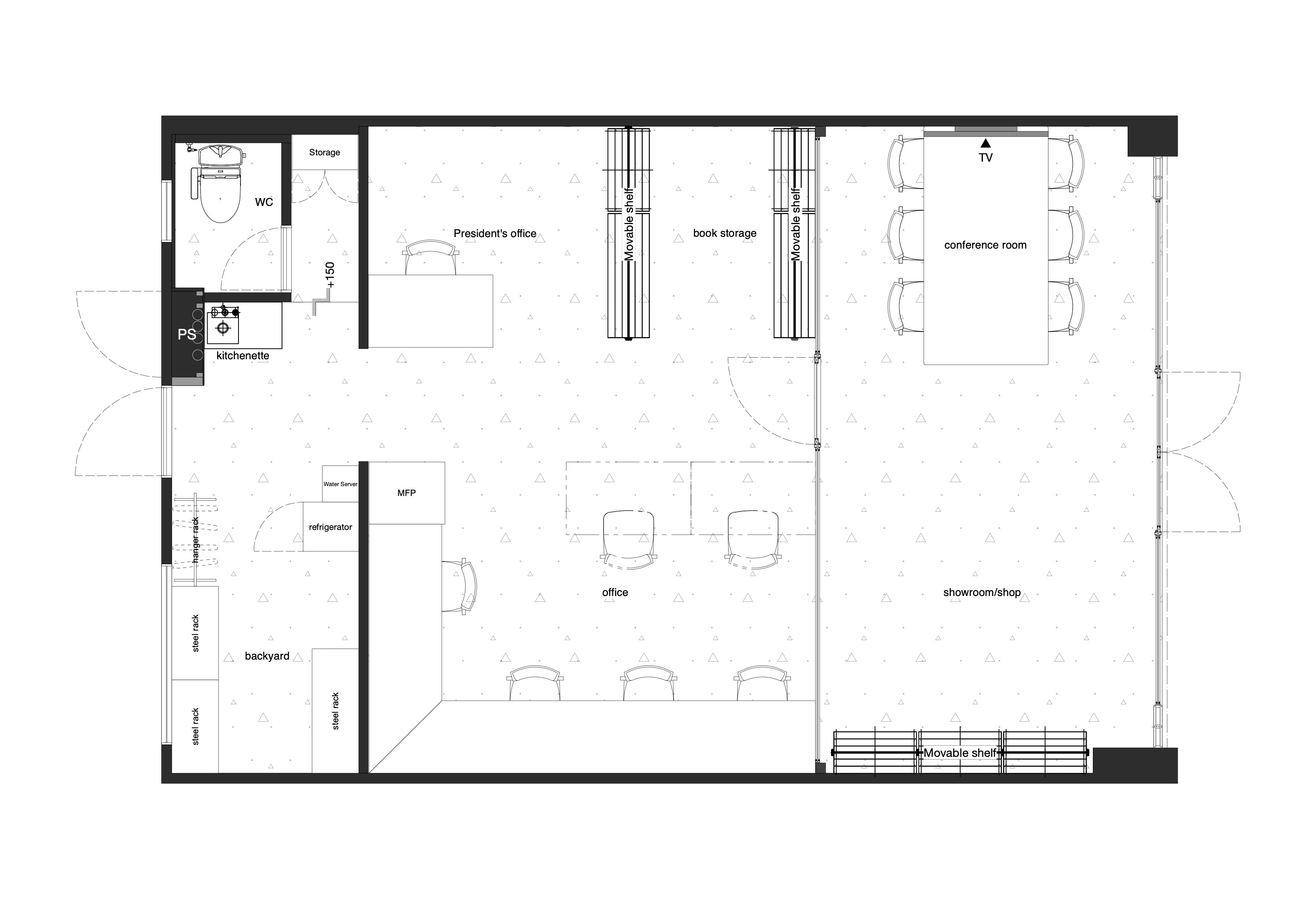 オフィス改装のレイアウト平面図|執務室・会議室・ショールームを一体で構成した内装計画(名古屋)